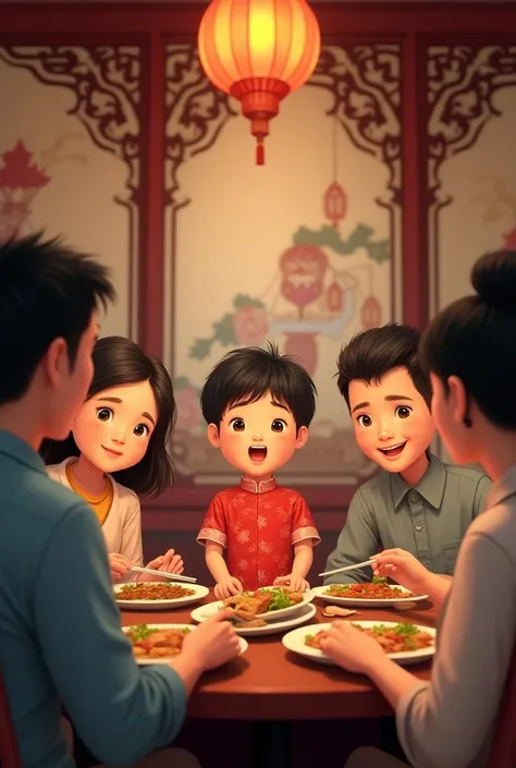 Photos Asian, Chinese, Thai, Black
Going to eat rice with his parents, grandparents, a  boy wearing a red dress, in a beautiful Chinese restaurant.
