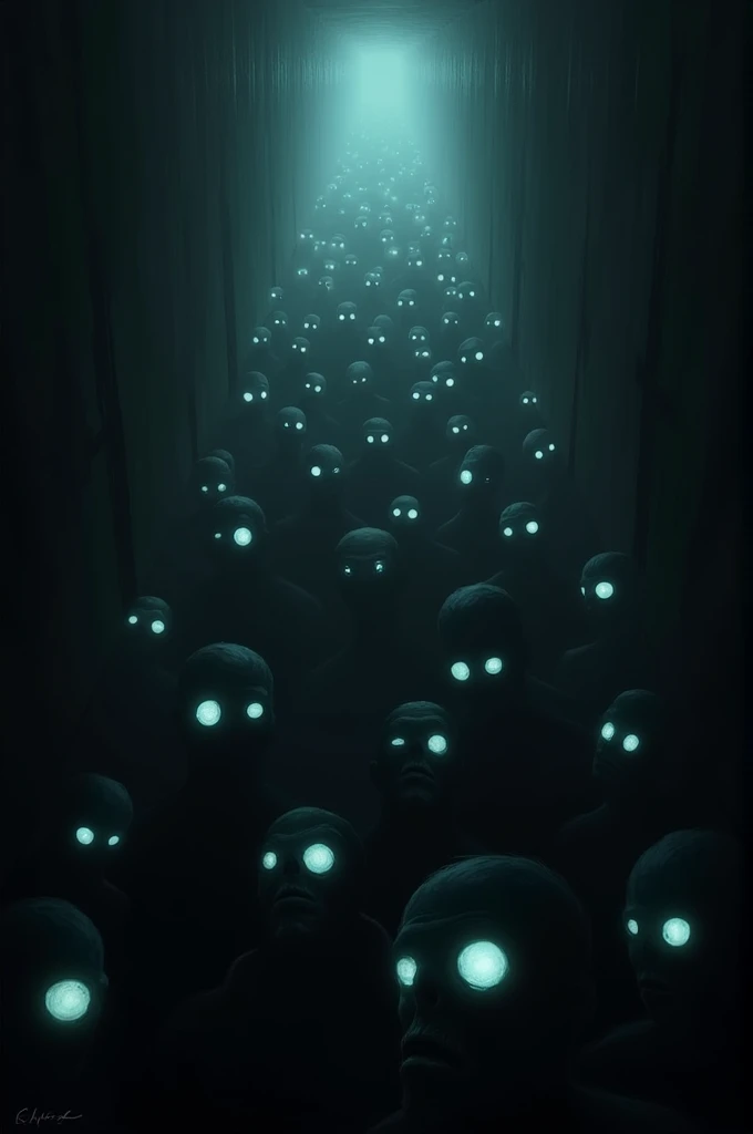 The eyes of many zombies from the shadows in a very dark corridor 