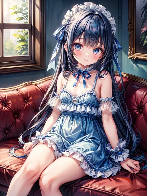 1girl, solo, anime, cute, smile, shy, full body, make up, glossy lips, from front, (from below: 0.5), focus face, looking at viewer, sitting on the sofa, petite body, flat chest, long hair, dark blue hair, flower hairpin with ribbon, blunt bangs, light blu...