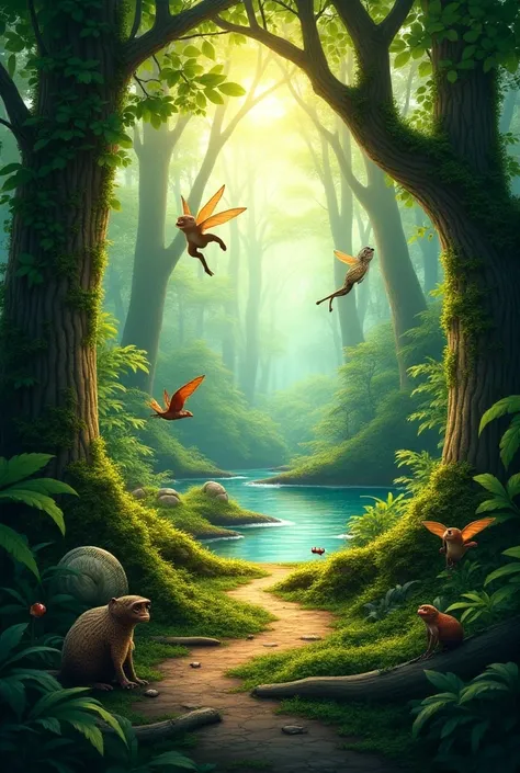  animals in the forest .There are snakes.Little birds fly in the sky. frogs in the pond .Monkeys in the trees . snails and ants crawling on the road