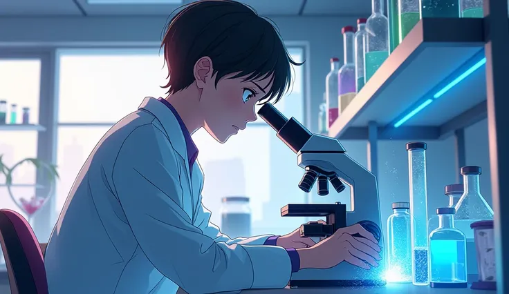 "In an anime-style modern laboratory, vibrant and full of intricate details, a young, determined doctor with expressive eyes and styled hair works diligently. The room is filled with sleek, futuristic equipment, glowing screens with scientific data, and sh...