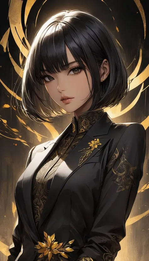 A close-up view of a semi-realistic anime-style woman with short, sleek black hair in a sharp bob that grazes just below her jawline. She has a warm tan skin tone with a slight golden undertone, and piercing black eyes. Her eyes are almond-shaped, upturned...