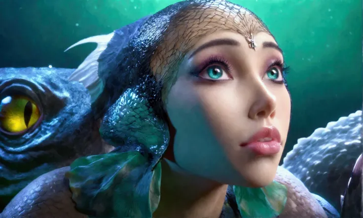 A cute woman, beautiful detailed eyes, beautiful detailed lips, extremely detailed eyes and face, long eyelashes, ear fins, large sharp claws, big sharp teeth, fish eyes, patches of aqua marine scales, night pond, desire, fantasy, view is from a low angle ...