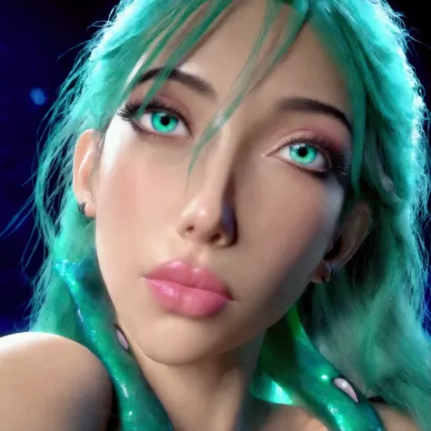 A cute woman, beautiful detailed eyes, beautiful detailed lips, extremely detailed eyes and face, long eyelashes, ear fins, large sharp claws, big sharp teeth, fish eyes, patches of aqua marine scales, night pond, desire, fantasy, view is from a low angle ...