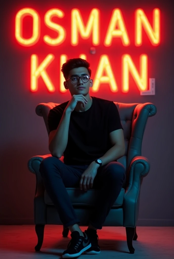 Create a 3D illusion for a profile picture where a 25Year   cute boy in a black shirt Sitting casually on a Wingback chair. Wearing sneakers, he looks ahead. The background features "OSMAN KHAN" in big and capital Orange neon light fonts on the dark grey w...