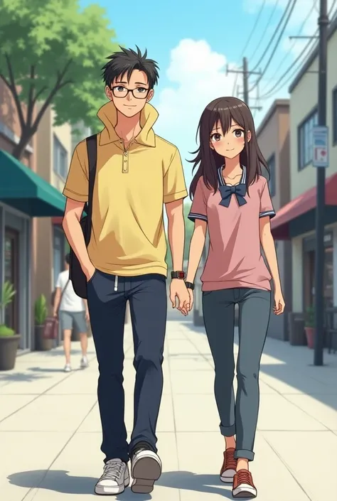 Anime Man wearing a Massive Popped Collar Polo thats taller than his head while walking with with his girlfriend