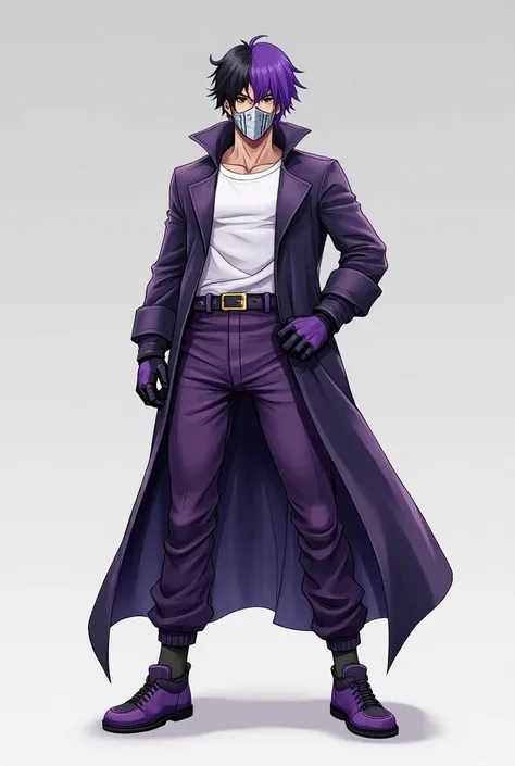 Create a man with short hair half black and the other purple white iron mask on the mouth white long sleeve shirt purple jumpsuit zip around the waist purple and white pants and purple shoes purple gloves hero style without cover 