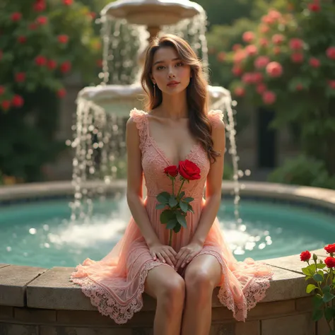 A beautiful young woman sitting on the edge of a fountain, wearing a delicate pink lace dress, her legs elegantly crossed, holding a red roses in her hands, model pose,water splashing from the fountain behind her, surrounded by lush trees and blooming flow...