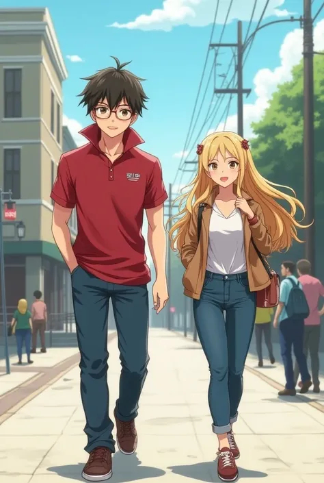 Anime Man wearing a Massive Popped Collar Polo thats taller than his head while walking with with his girlfriend