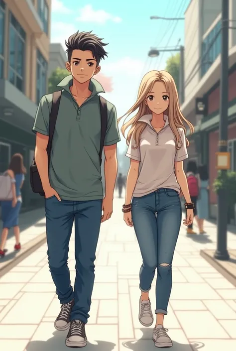 Anime Man wearing a Massive Popped Collar Polo thats taller than his head while walking with with his girlfriend