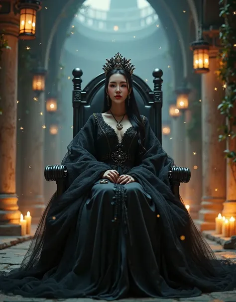 Korean Beautiful, Black Royal dressed Princess in a Royal Black castle sitting in a Black iron Throne, (Black thick hair) Game of Thrones Cinematic Look, Black Royal Crown, cinematic color theme, realistic film poster style, magical fire fly effect, Puffy ...