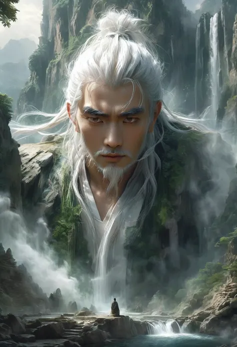 solo,(elder:1.2),(eyes_closed:1.2),kindly,mountain deity,freehand landscape painting,a male image,peak,waterfall,waterfall,gods,immortal,giant gods and mountains merge into one,white hair,white beard,white eyebrows,wrinkle,, masterpiece,best quality,highly...