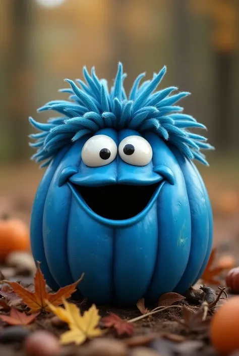 A pumpkin from the cookie monster but that is all blue and without cutting the pumpkin and that is a realistic pumpkin and that has details such as eyes, hair and that.