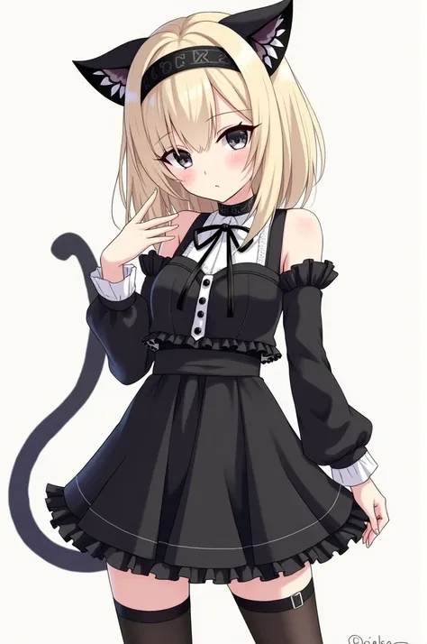 a girl with light blonde hair,  black cat ears with a black maid band ,  a very short black top with a bow ,  a super short short with black transparent knee-length stockings,  fashionable black lenses , piercings,  white skin, black necklace with a ribbon...