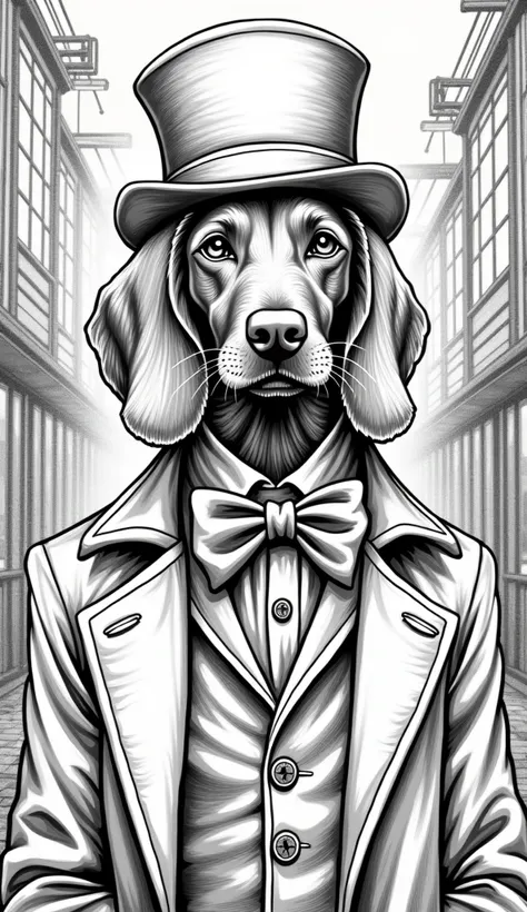 Beautiful Vizsla as Willy Wonka in Peaky Blinders style as a coloring page in black and white