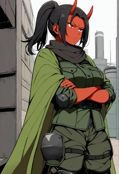 1woman, tall, mature, red skin color, (black hair, medium hair, messy, half ponytail, red eyes, small red horns, medium breasts, curvy), military base, ((dark green camo long sleeve military uniform, dark green ballistic vest, dark green poncho, black mili...