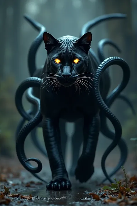 A Panther-octopus hybrid, sleek and black, with the lithe body of a panther, glowing eyes in the darkness, and long, flexible tentacles extending from its back, blending into the environment, ready to strike from all sides