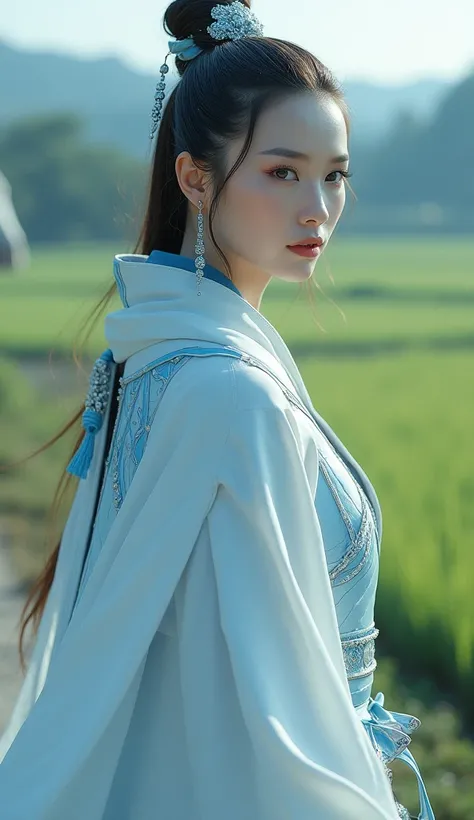 An ancient Chinese female warrior with a gentle and beautiful realistic face ，Wear light blue ice armor，Wearing a white cloak，A white warhorse follows behind her，Walking alone in a field path full of rice with ice sword in hand ， walks alone in a field pat...