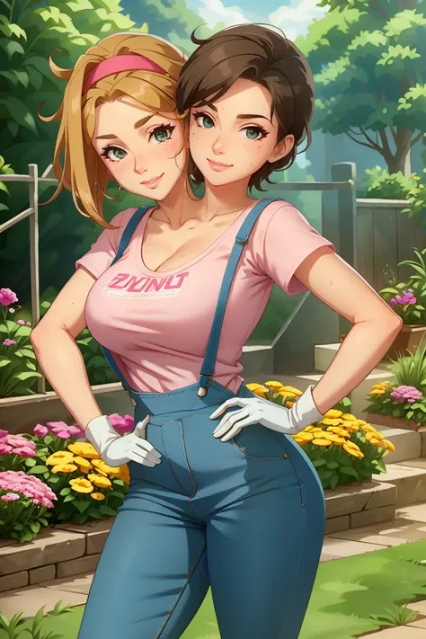 2heads, a tall thin woman with two heads. she is outside in a garden, she is gardening. she is very tall. she is very skinny. sh...