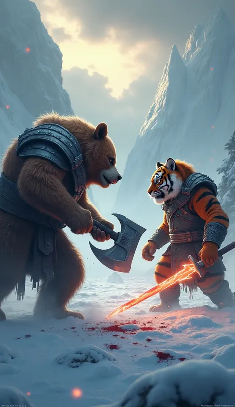  On the snowy battlefield ,  anthropomorphic big bear with Viking armor faces anthropomorphic tiger wearing Eastern warriors harness. Both were wounded ,  with blood littering the snow around them . } A Viking bear grasping a huge axe gleaming in the twili...