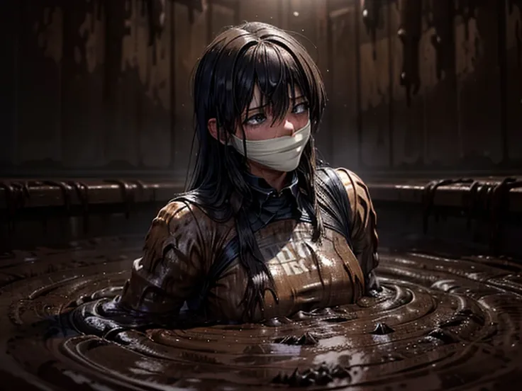 girls, slightly high resolution , tears, wet, student uniform, uniform, dark, sink, blue swamp, sink, drowning, sticky, muddy, s...