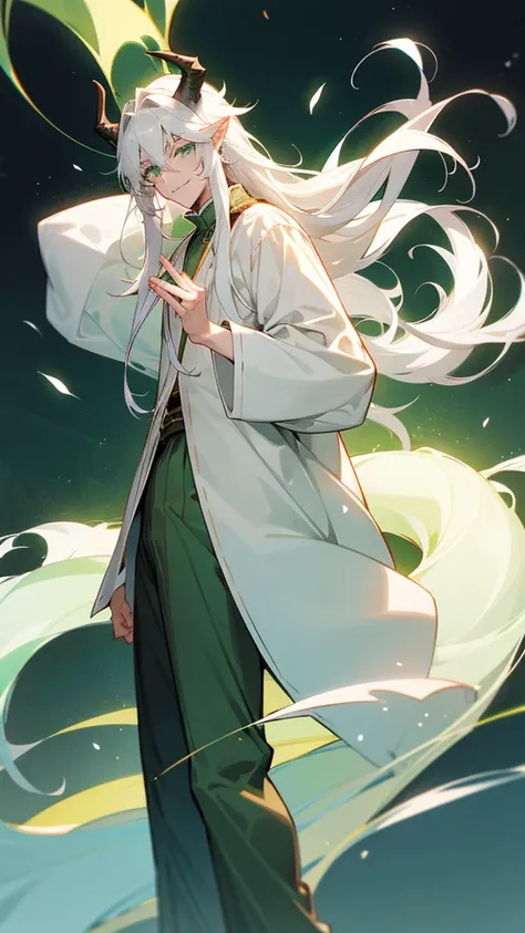 1male, White hair, Green light eyes, Green Highlights hair, White Dragon Horns, long hair, Pointed ears, him hair is a little messy, Cockscomb on the hair, Smile, Gently face, Gently eye, White skin, Long eyehair, Tight clothing, trousers, Ufotable, Charac...