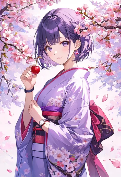  one woman smiling , a woman holds a cherry branch,Neon Pink, holding it in the palm of your hand ,Purple Hair,Short Bob,Long sideburns,Purple kimono,Purple Eyes,The background is a cherry tree,A masterpiece with scattered petals ,Best Quality,Exquisite,8k...