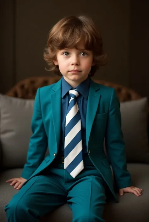 Photograph of a seven-year-old boy,Sitting and wearing very elegant black patent leather shoes      , Get up off the couch, brown blonde hair, brown eyes and white skin. The boy was wearing a turquoise tuxedo      ,  Tie the white tie with blue stripes wit...