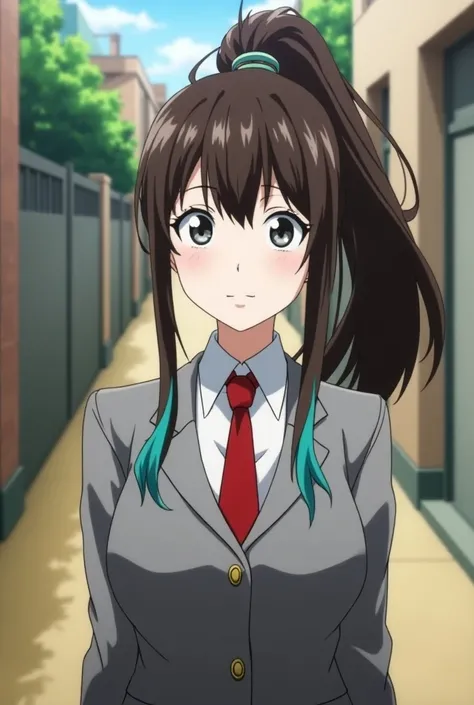 screenshot of MY HERO ACADEMIA, 
A young woman with white skin, long brown hair with bangs, collected and with turquoise blue color coming out of her ponytail, completely gray and circular eyes, a narcissistic aura... She wears the UA uniform, gray jacket ...