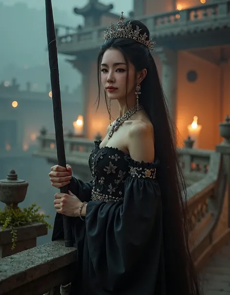 Close-up of a Korean Beautiful, Black Royal dressed Princess in a Royal Black castle standing in a Balcony of the castle, Royal handrails in the balcony, (Black thick hair) Game of Thrones Cinematic Look, Black Royal Crown, cinematic color theme, realistic...