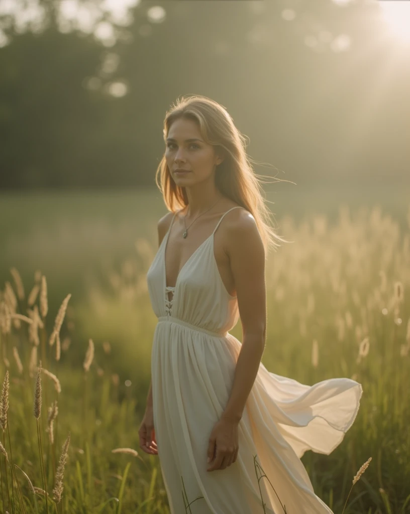  Arafeda woman in a white dress stands on a field of tall grass, motionless ethereal,  ethereal back light ,  with ethereal light ,  ethereal sunshine , tender, soft, foggy lighting, in a meadow , on a grassy field, soft эфирное освещение, the sun is behin...