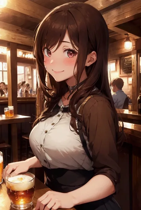 1woman,multiple boy,solo,  High Resolution , Long Hair, chest,  looks,  blushes, smile, in the pub,Brown Hair, multiple hand,