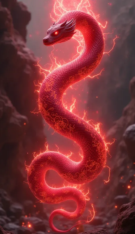 "A glowing red serpent with swirling chaos magic patterns running along its scales. It levitates unnaturally, coiled with arcs of red energy crackling around it. Wanda Maximoff floats nearby, her hands glowing as she manipulates reality, intertwined with t...