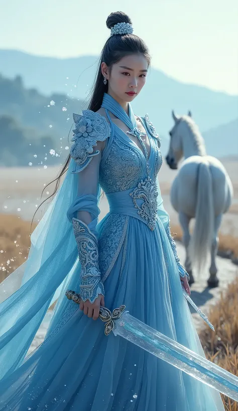 An ancient Chinese female warrior with a gentle and beautiful realistic face ， wearing blue and white ice armor ，A white warhorse follows behind her，Walking alone in a field path full of rice with ice sword in hand ，

Just a half-body picture，Exquisite fac...