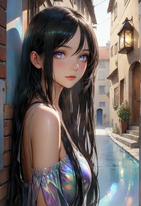 Long smooth straight black hair, inner dark iridescent hair, iridescent eyes,hourglass body figure, leaning to wall in a town in a casual dress. (masterpiece, super detail,detailed eyes, best quality, 8k,realistic, full body front view nfsw) 