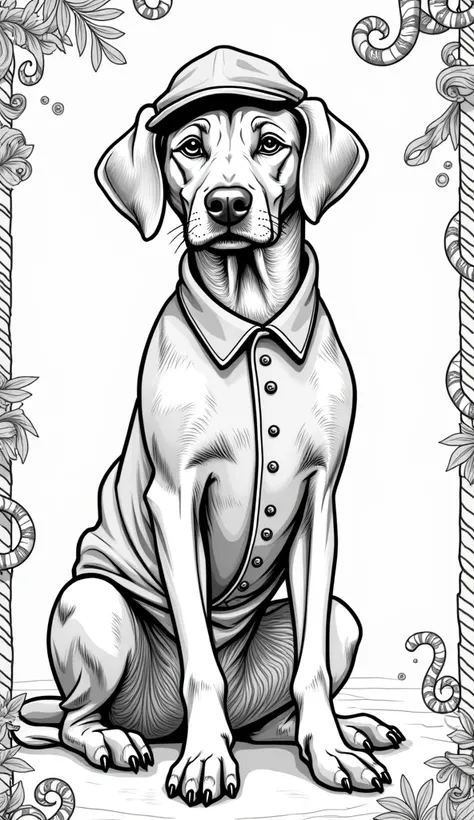 Beautiful Vizsla in as Oompa Loompa in Peaky Blinders style with candy cane as a coloring page in black and white