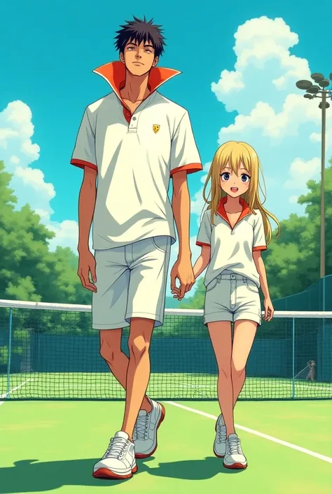 Anime Man wearing a Massive Popped Collar Polo thats taller than his head while walking with with his Popped Collar girlfriend at the Tennis Court