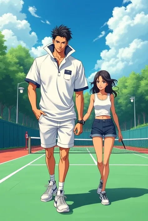 Anime Man wearing a Massive Popped Collar Polo thats taller than his head while walking with with his Popped Collar girlfriend at the Tennis Court