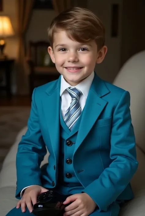 Photograph of a seven-year-old boy,Sitting and wearing very elegant black patent leather shoes      , Get up off the couch, brown blonde hair, brown eyes and white skin. The boy was wearing a turquoise blue tuxedo     ,  Tie the white tie with blue stripes...