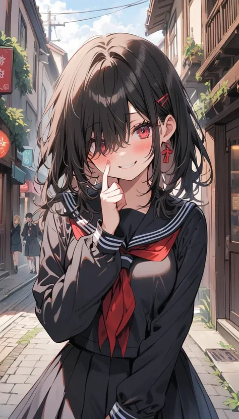 Beauty　Hair over both eyes　Black Hair　smile　Embarrassed　blush　Black Sailor Suit　Around town