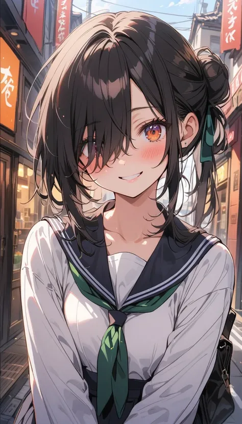 Beauty　Hair over both eyes　Bun Hair　Black Hair　smile　Embarrassed　blush　Black Sailor Suit　Around town