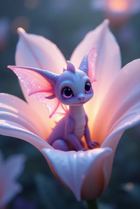 A cute little special dragon with transparent glowing wings was staring with bright purple eyes inside the lily flower.