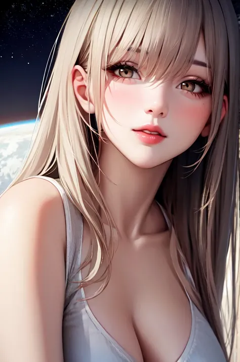 1girl, beautiful face, ((white eyes)), sexy pose, Red moon in the background, stars, space, (lightroom:1.13), soft light, (natural skin texture:1.2), (hyperrealism:1.2), sharp focus, focused,[[realistic]]