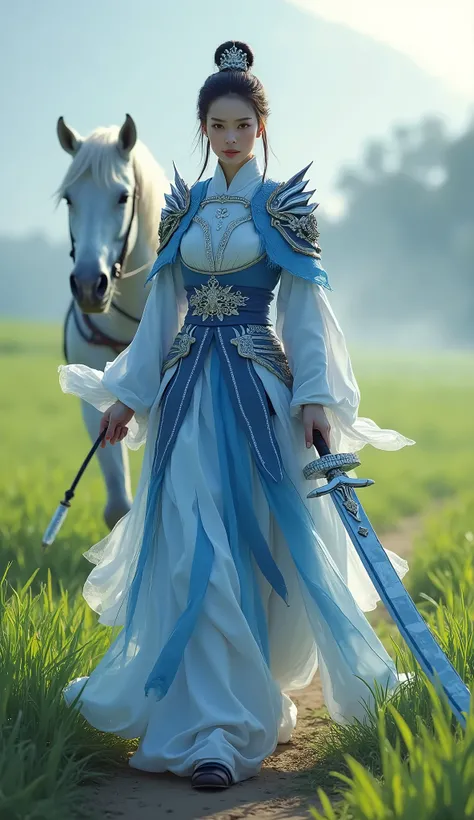 An ancient Chinese female general with a gentle and beautiful realistic face ， wearing blue and white ice armor ，A white warhorse follows behind her，Walking alone in a field path full of rice with ice sword in hand ， walks alone in a field path full of ric...