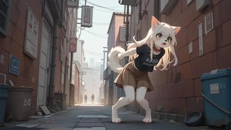  White Furry Dog Nemo Girl_ long hair 、 Brown Eyes 、Red collar、Anime Style、Black Shirt、Brown Skirt、Cell Shooting、rape、Back Alley