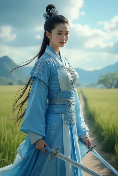 An ancient Chinese female general with a gentle and beautiful realistic face ， wearing blue and white ice armor ，A white warhorse follows behind her，Walking alone in a field path full of rice with ice sword in hand ， walks alone in a field path full of ric...