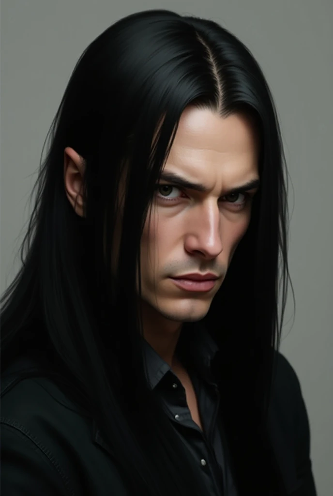 Male Russian Man with Very Long Black Straight Hair and Sharp Facial Features and Realistic Portrait 