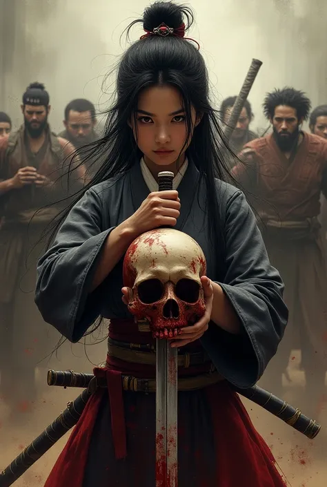 A cruel and ruthless female samurai warrior posing with a severed bandits head. She has a blood-stained sword on her right hand and the severed bandits head on her lift. She is holding the severed head up high for the other bandits to see. The bandits focu...