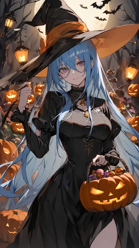 masterpiece、one woman、slender body、halloween、witch cosplay、 forest with countless pumpkins 、thick fog、long hair、light blue hair、...