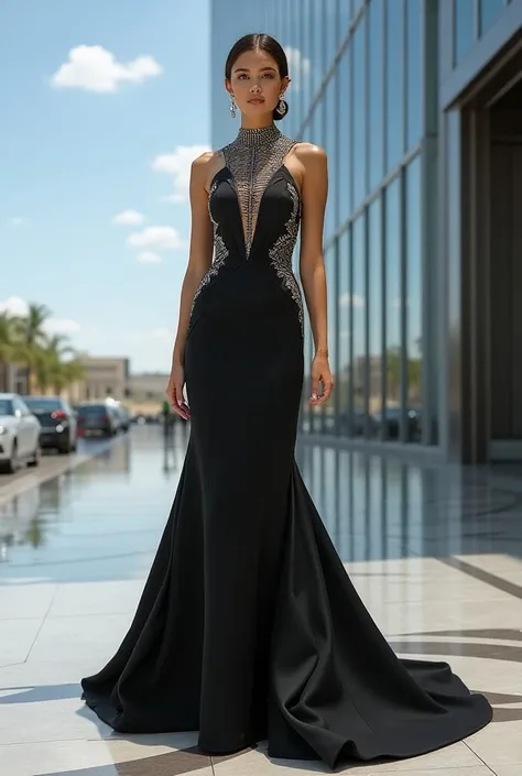 Pls generate a design of a long gown inspired from the facade of one airport square 